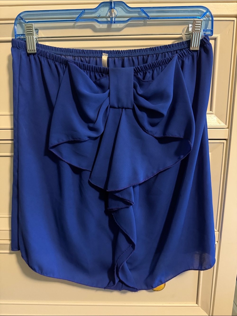 Women’s Royal Blue Ruffle Front Strapless Sheer Blouse with bow